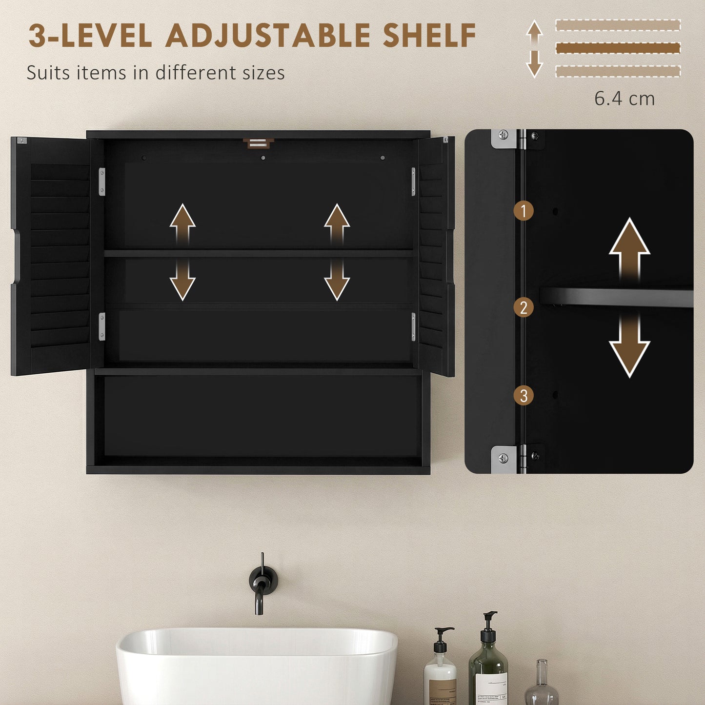 Neco Wall Mounted Bathroom Storage Cabinet With Adjustable Shelves Black 60 x 20 x 60cm