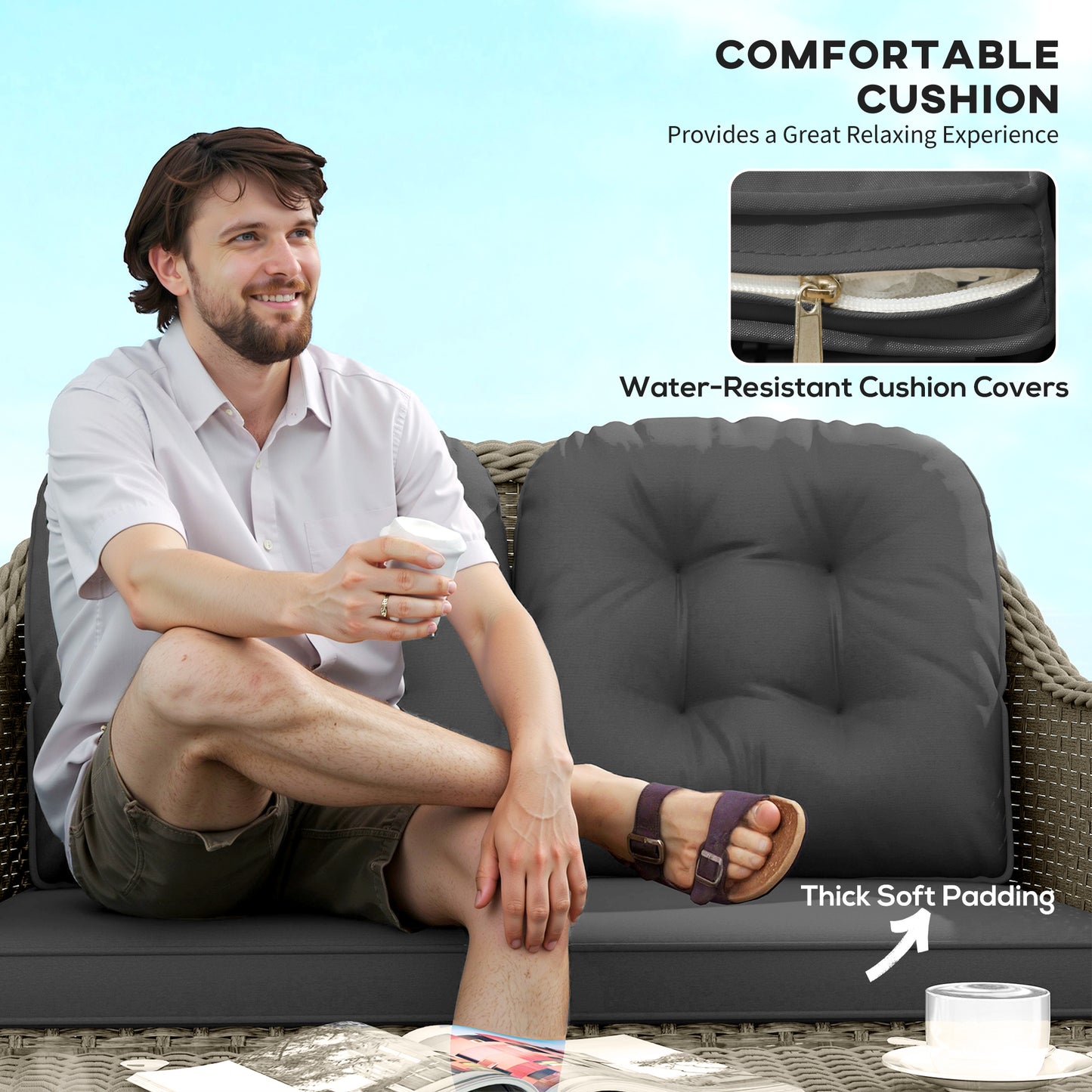 Nirato Grey Rattan 4 Seater Outdoor Sofa Set With Rectangular Glass Coffee Table