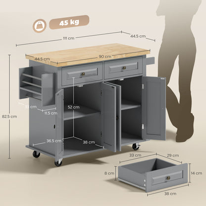 Lenevi Wooden Grey and Natural Rolling Kitchen Island With Drawers And Storage