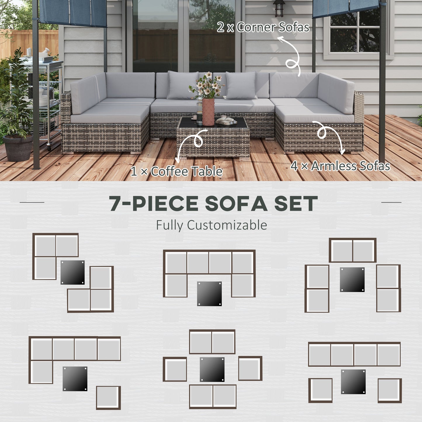 Nalo Elni Grey Rattan  7 Piece Garden Set With Glass Top Table