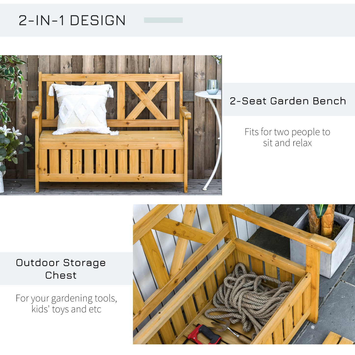 Letore Wood Natural 2 Seater Outdoor Garden Storage Bench Slatted Frame
