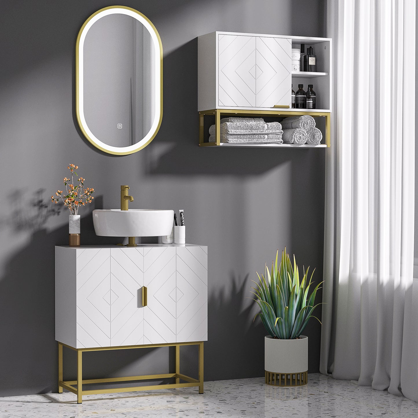 Fimiro Bathroom Mirror Storage Cabinet With Under Sink Cupboard And Gold Tone Legs