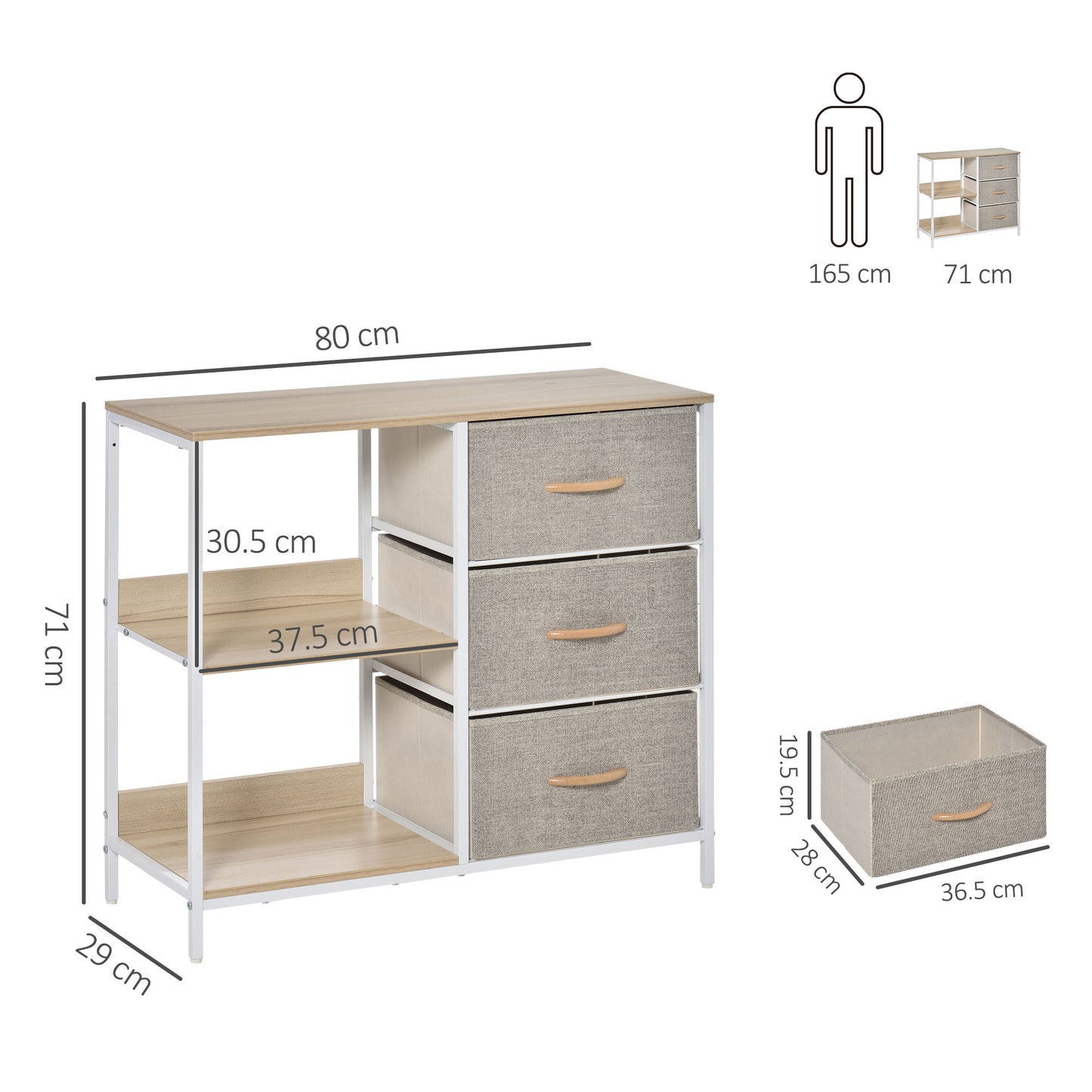 Pasaha White Metal and Natural Wood Storage Chest With 3  Grey Fabric Drawers and 2 Shelvess