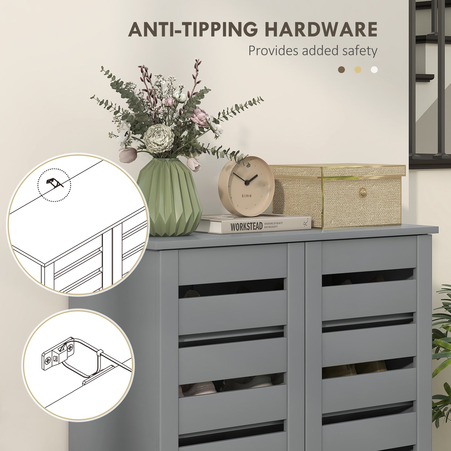 Zifa Wooden Grey Slim Shoe Cabinet With 5 Tier Storage And Slatted Doors