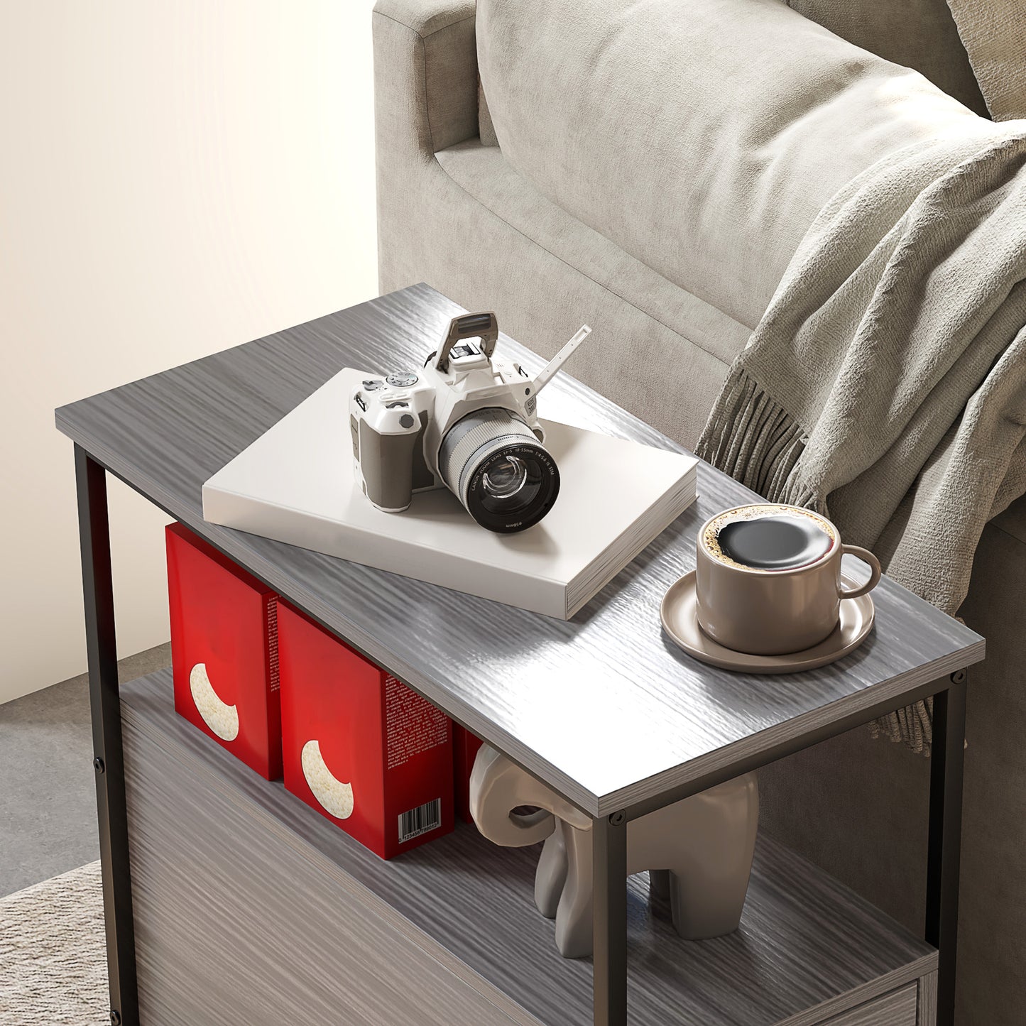 Loto Wooden Grey Wood Effect Narrow Bedside Table With 2 Drawers And Top Shelf