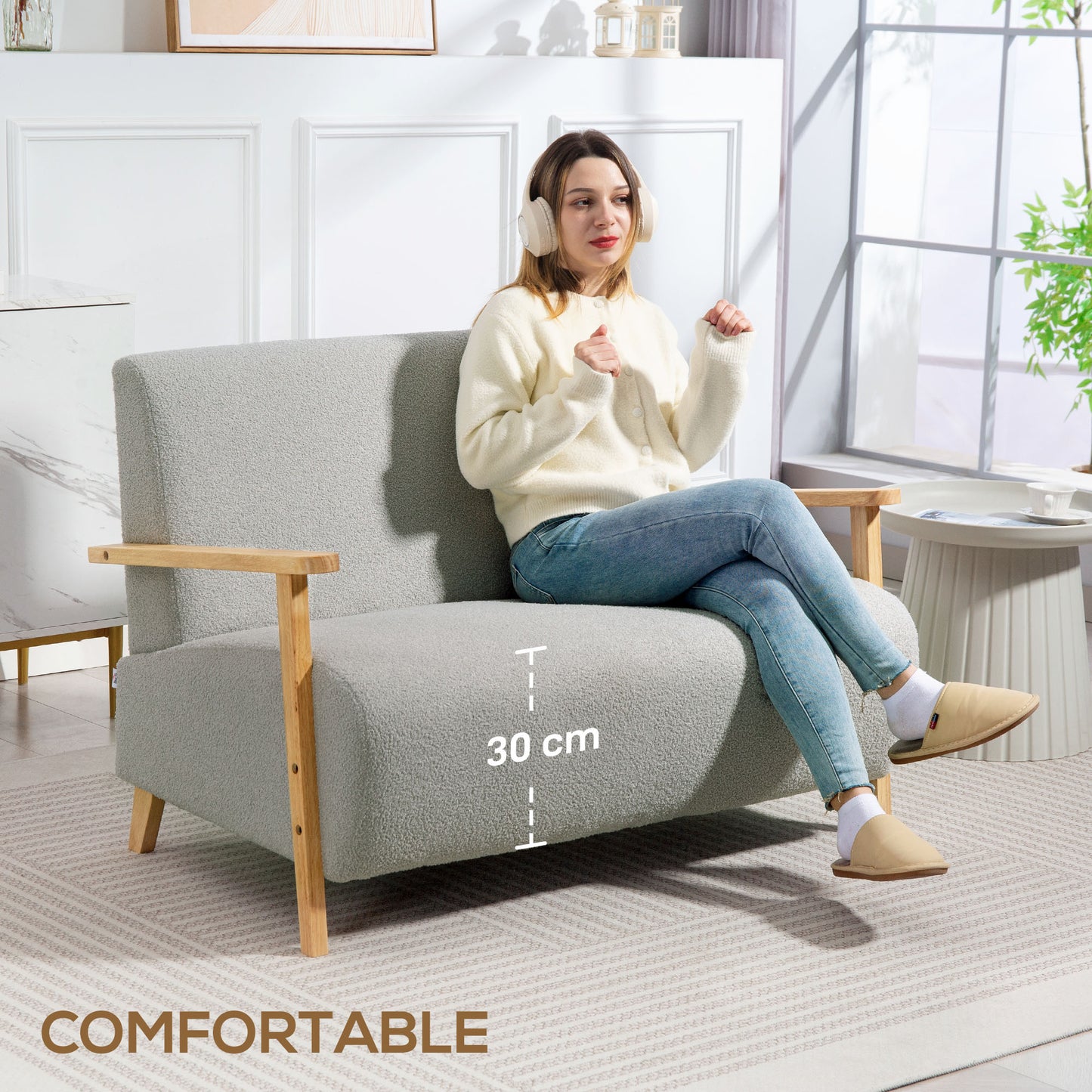 Radipa Sherpa Boucle Light Grey Compact 2 Seater Sofa