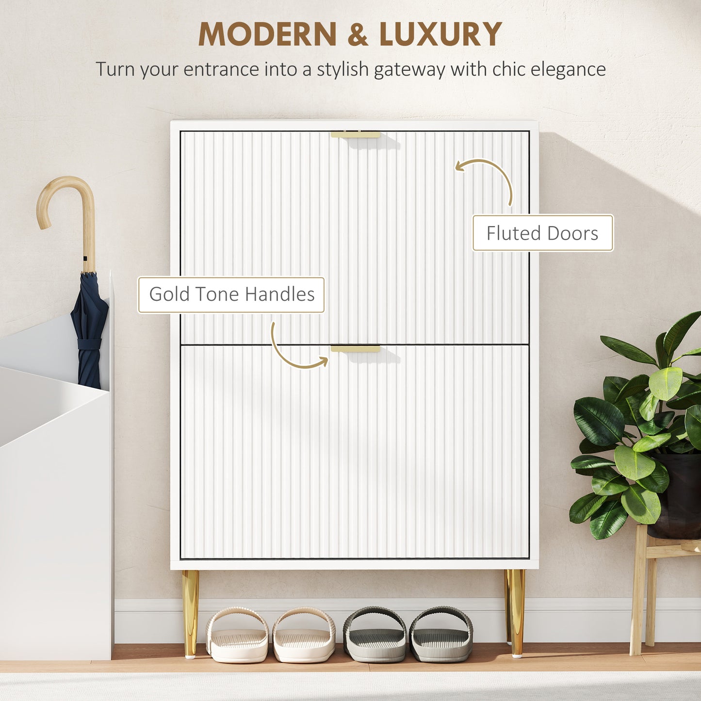 Baviva Wooden White Elegant 2 Drawer Shoe Cabinet Ribbed Design