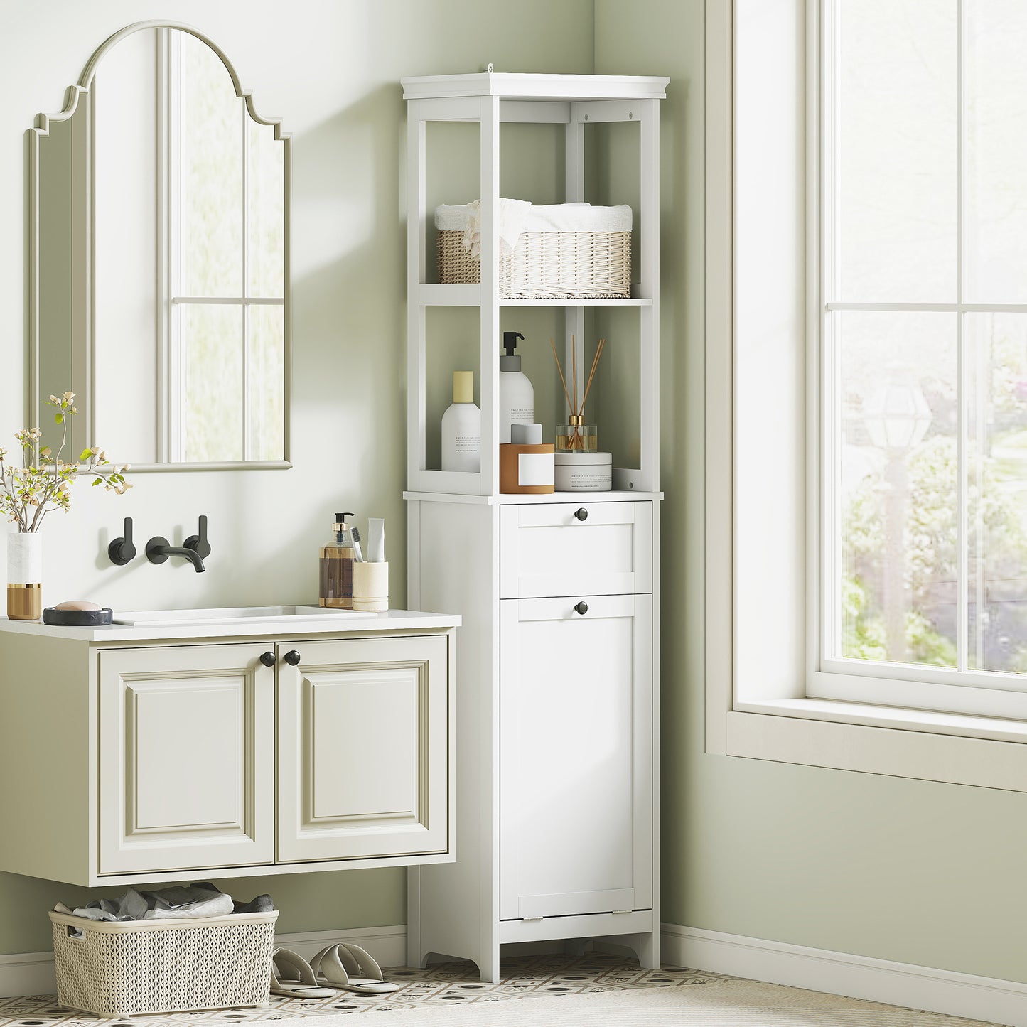 Elnova Tall Bathroom Storage Cabinet With Integrated Laundry Basket White