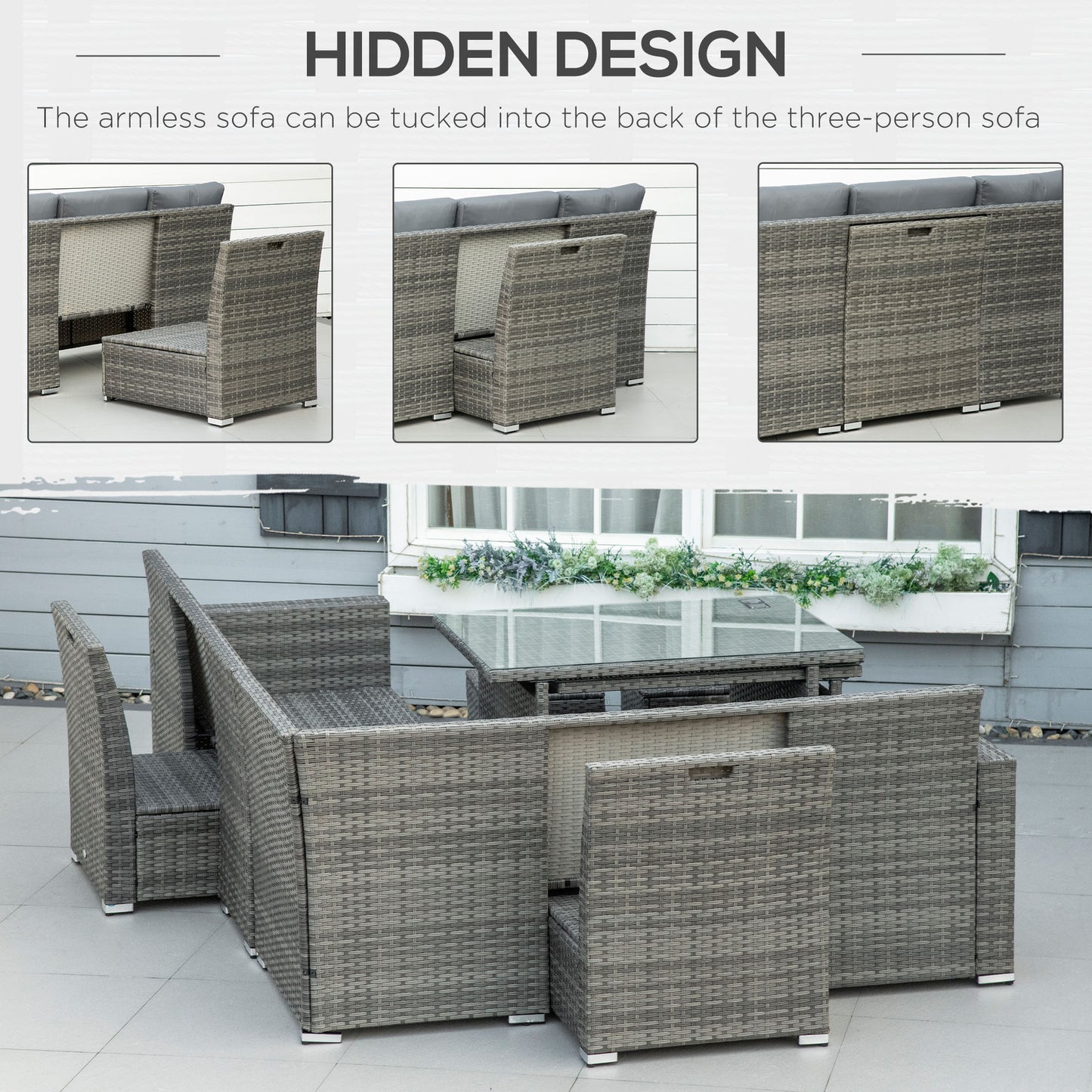 Rokane Rattan Grey 10 Seater Garden Sofa Set With Extending Dining Table