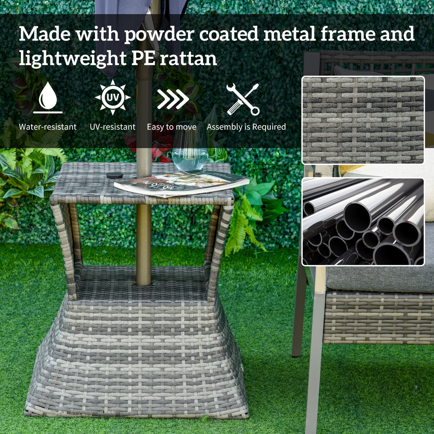 Toka Grey Rattan Outdoor Bistro Table With Umbrella Hole And Shelf