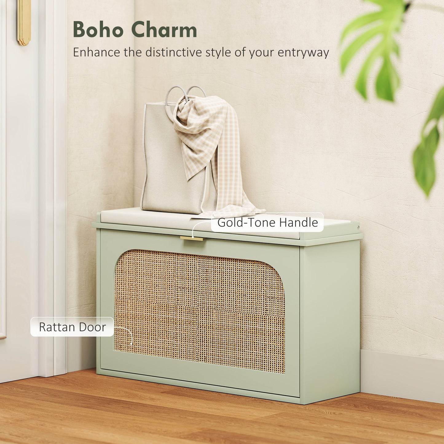 Rikena Coyo Wooden Light Green Boho Style Shoe Bench With Cushioned Seat And Flip Drawer