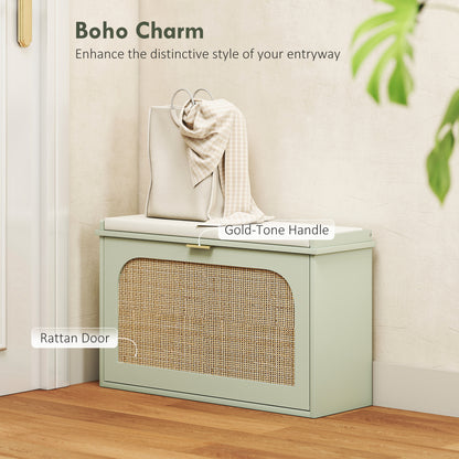 Rikena Coyo Wooden Light Green Boho Style Shoe Bench With Cushioned Seat And Flip Drawer