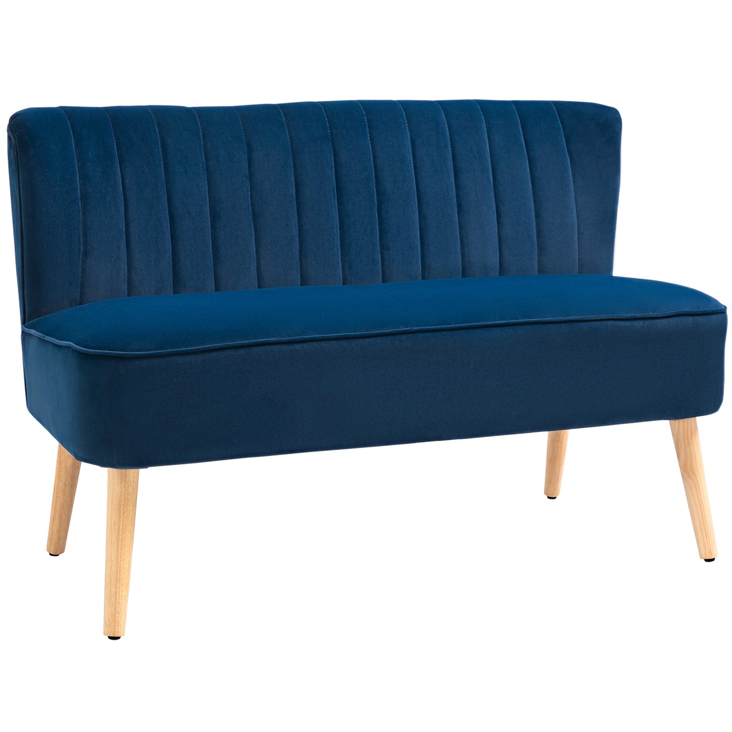 Haleco Dark Blue Fabric 2 Seater Love Sofa Panel Tufted Back Natural Wooden Legs