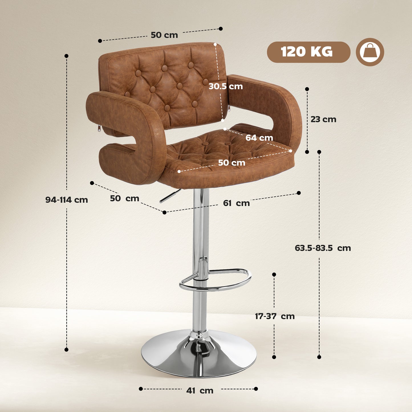Dovetti Brown Faux Leather H8 Adjustable Swivel Bar Stool With Back And Arms