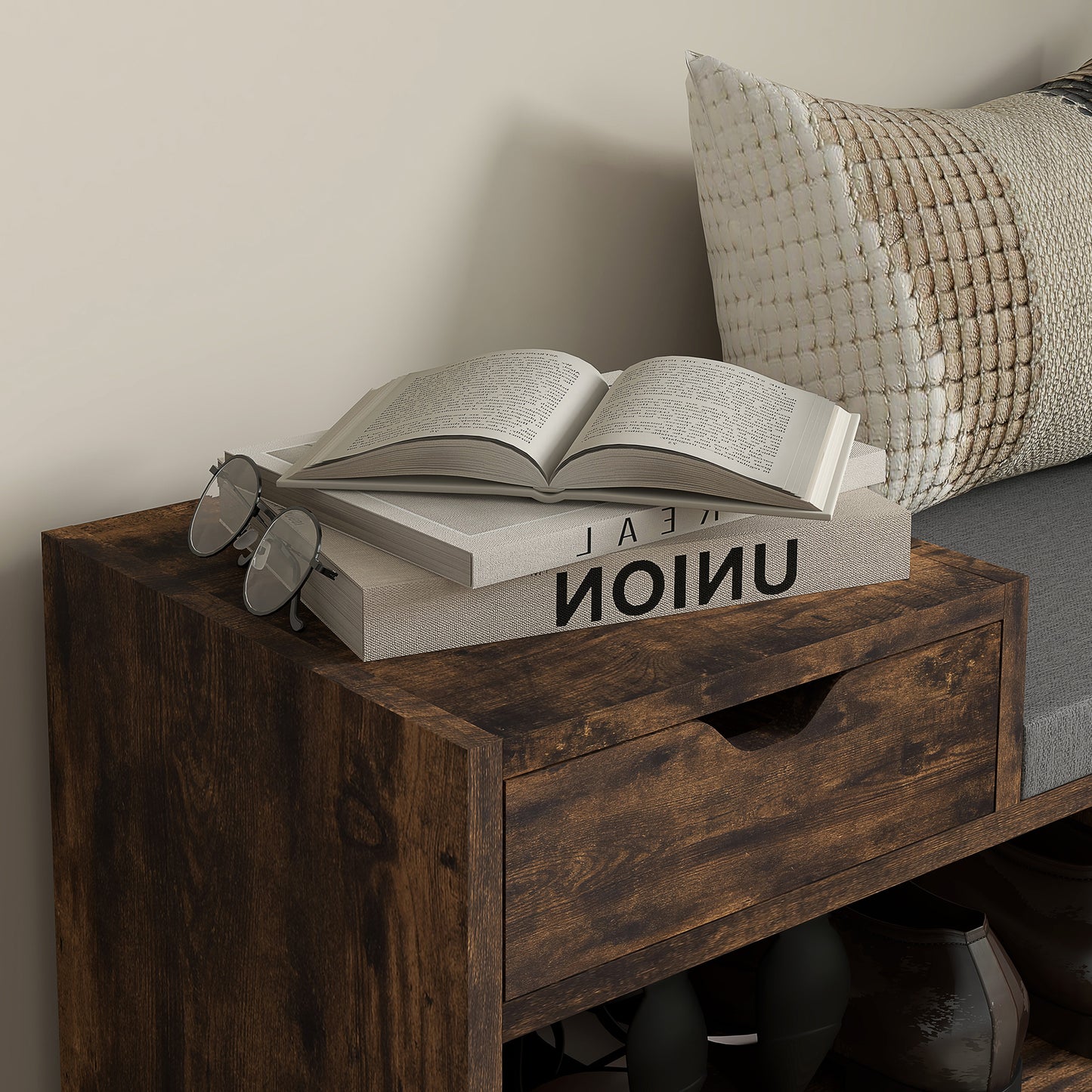Nata Wooden Rustic Brown Multi Compartment Shoe Bench With Grey Cushioned Seat
