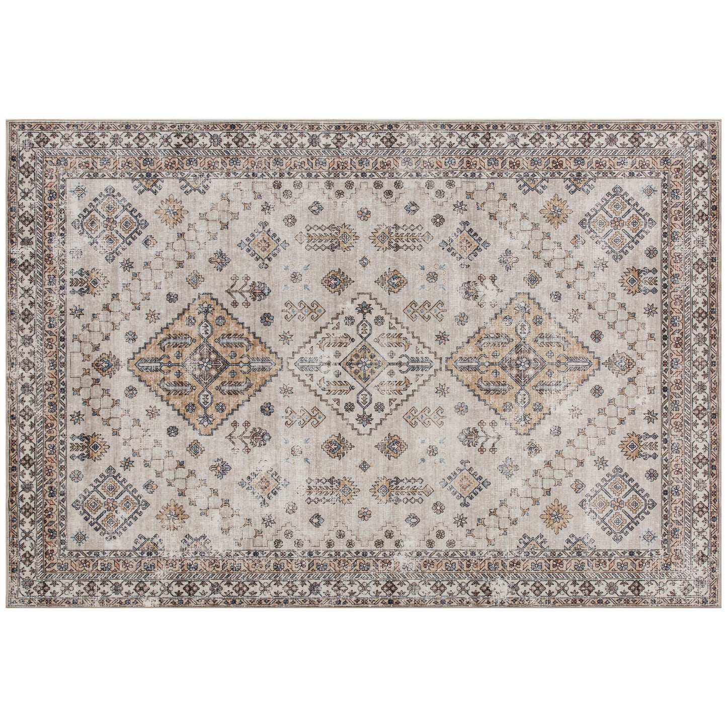 Kefado 170 x 120cm Polyester Beige Vintage Style Non Slip Washable Rug