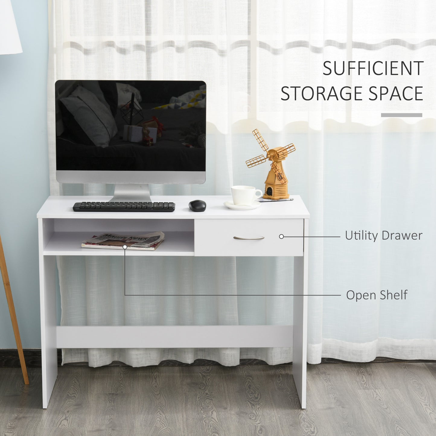 Haseva Wooden White Small Study Desk With Drawer And Storage Compartment