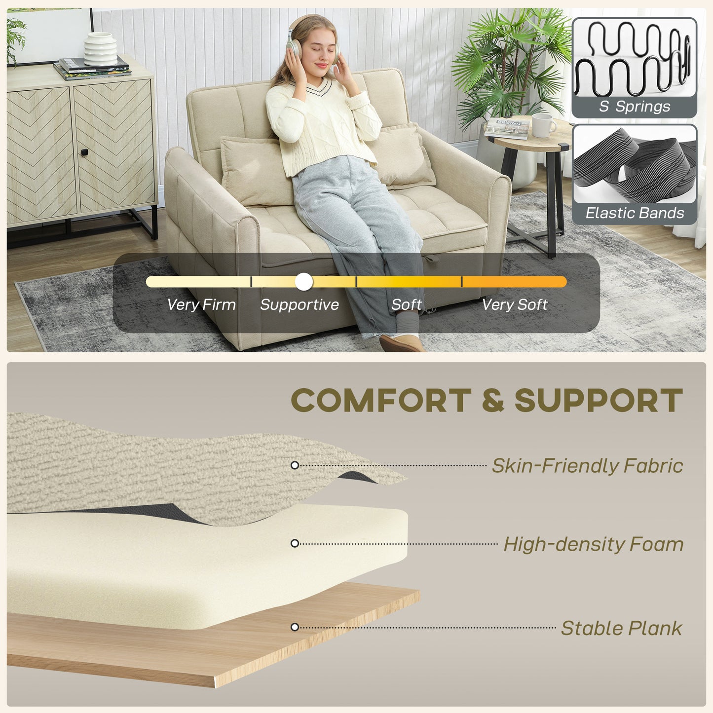 Noel Cream 3 In One 2 Seater Sofa Bed With Adjustable Back And Cushions