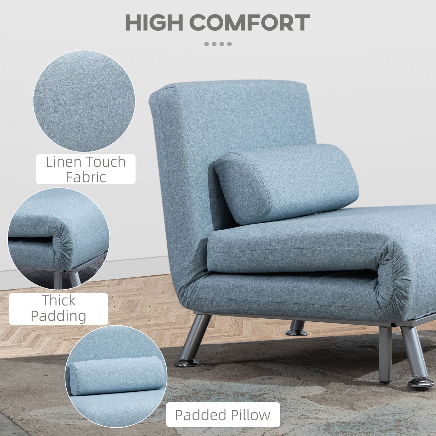 Varael Linen Sky Blue 3 In One Convertible Chair Bed With Adjustable Backrest And Pillow