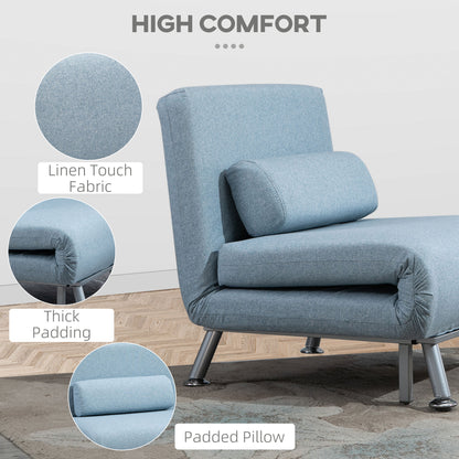 Varael Linen Sky Blue 3 In One Convertible Chair Bed With Adjustable Backrest And Pillow