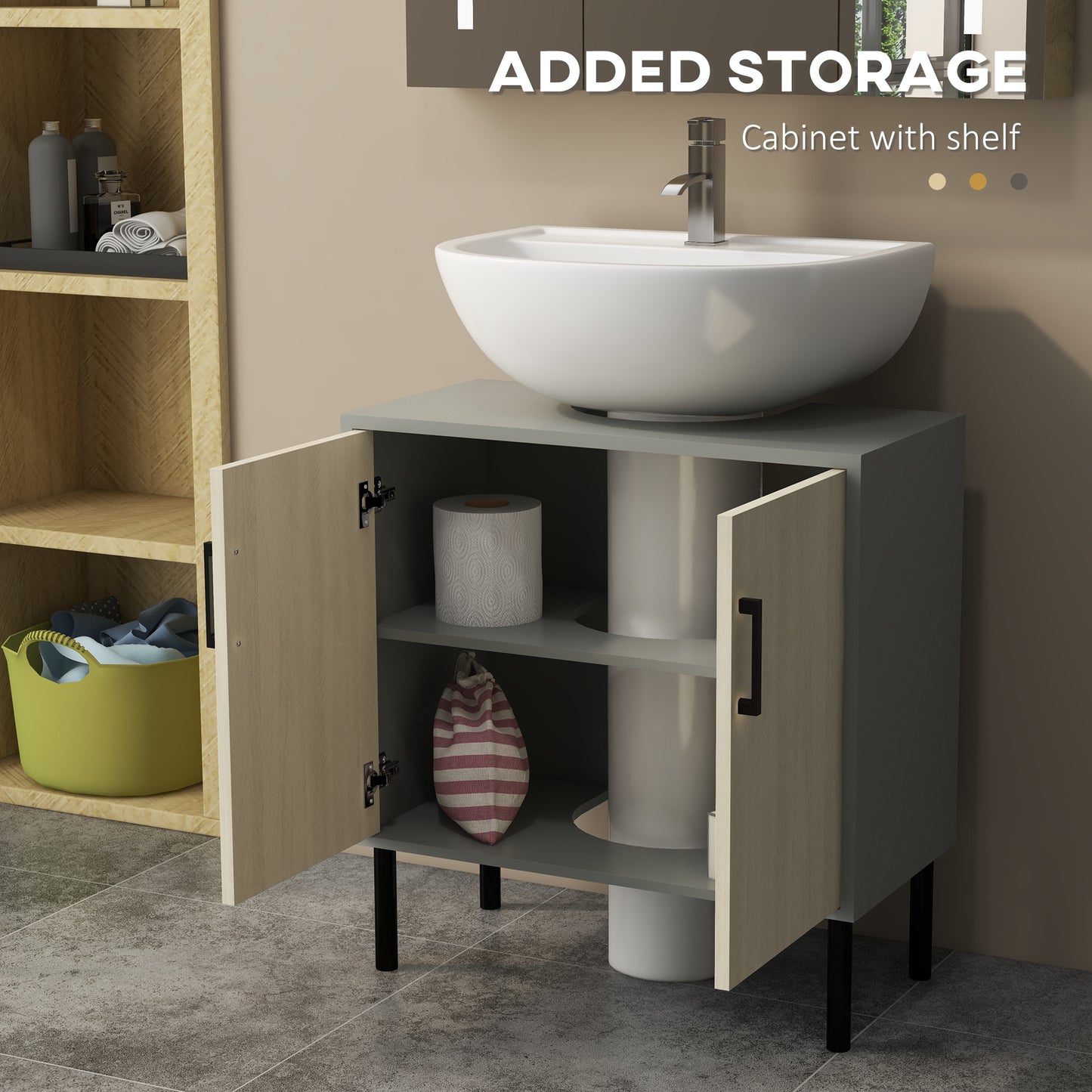 Nabavi Natural Finish Under Sink Vanity Cabinet With Double Doors And Internal Shelving
