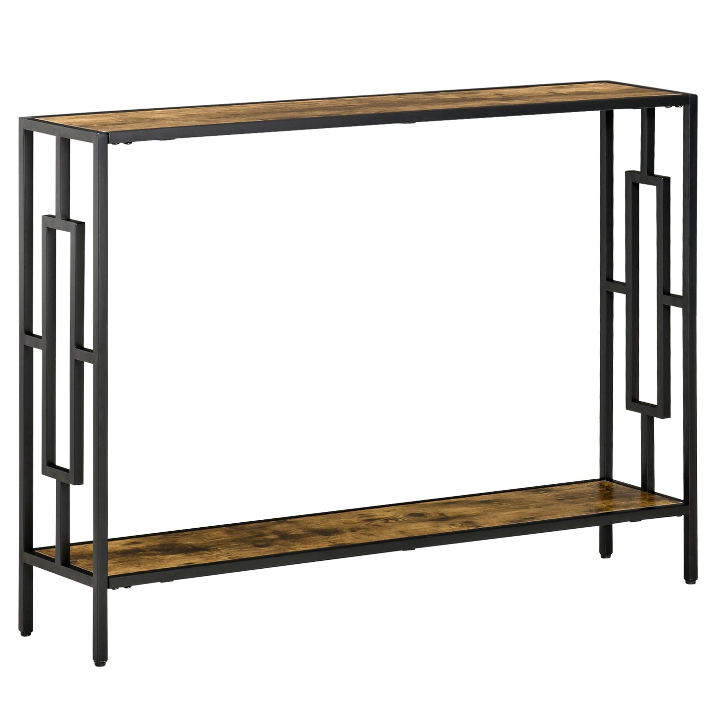 Sanero 106cm Metal And Wooden Rustic Brown Narrow Industrial Console Table With Storage Shelf