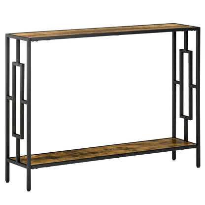 Sanero 106cm Metal And Wooden Rustic Brown Narrow Industrial Console Table With Storage Shelf
