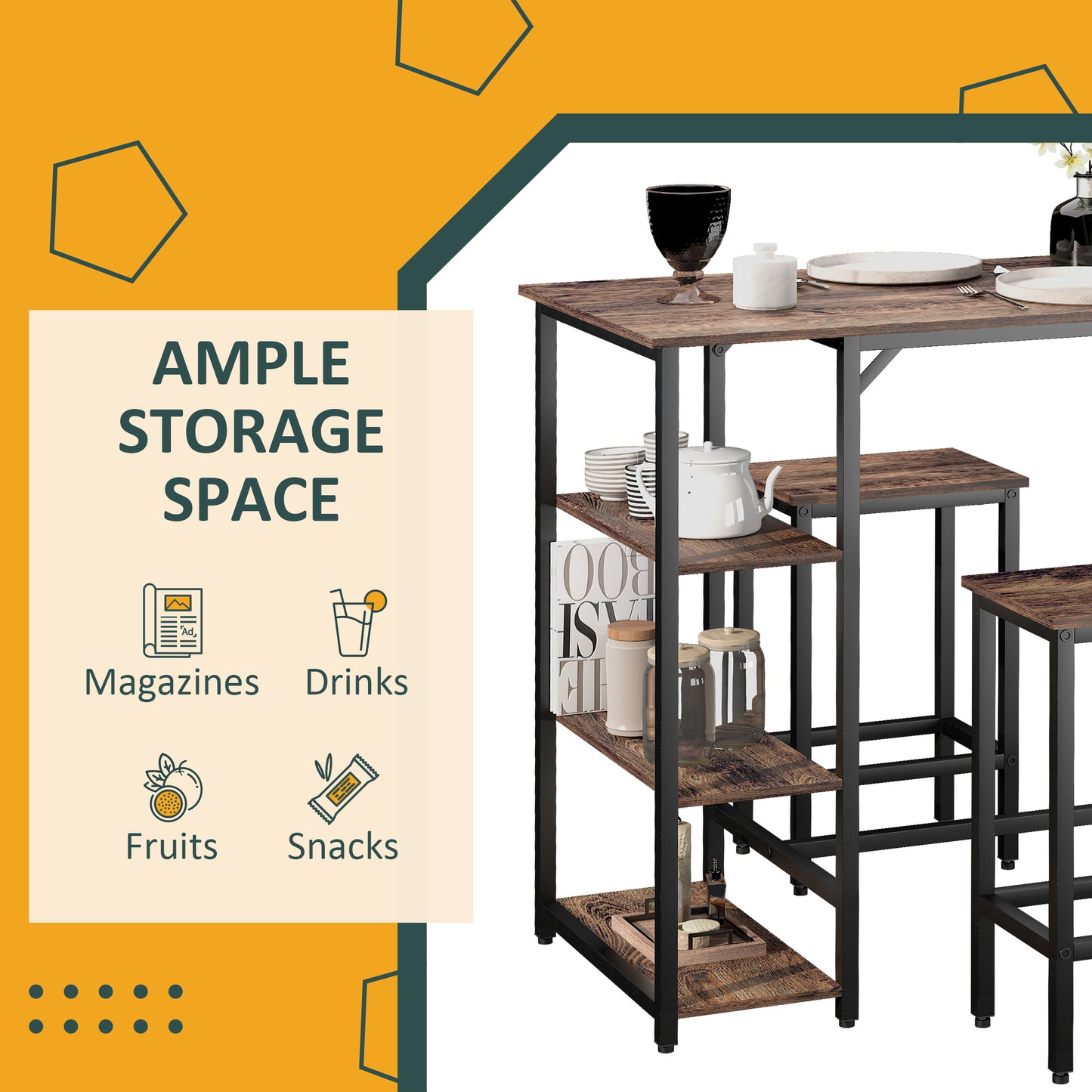 Elba Metal And Wooden Industrial 3 Piece Bar Dining Set With Side Storage