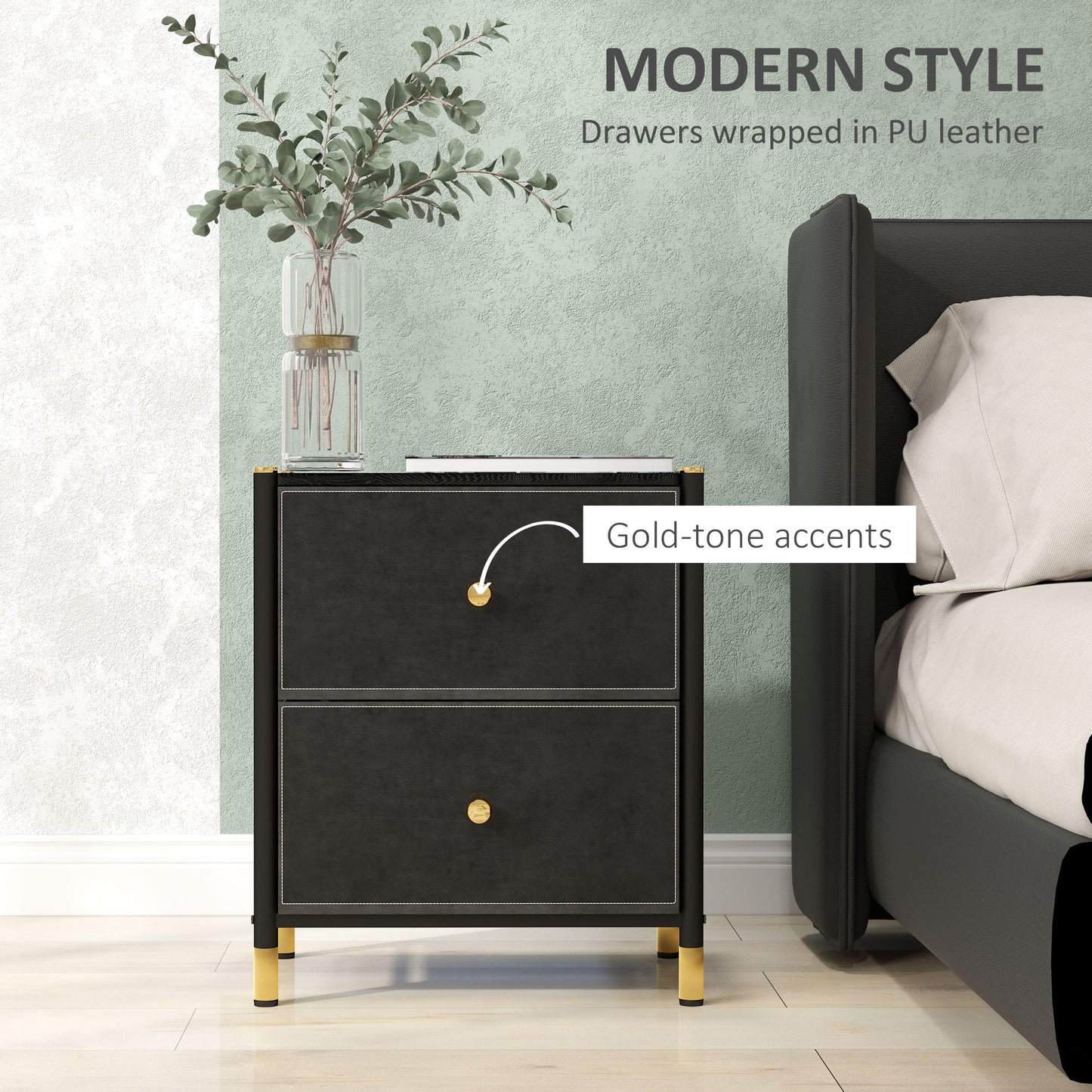 Rakaba Black Faux Leather Upholstered Bedside Table With Gold Accents