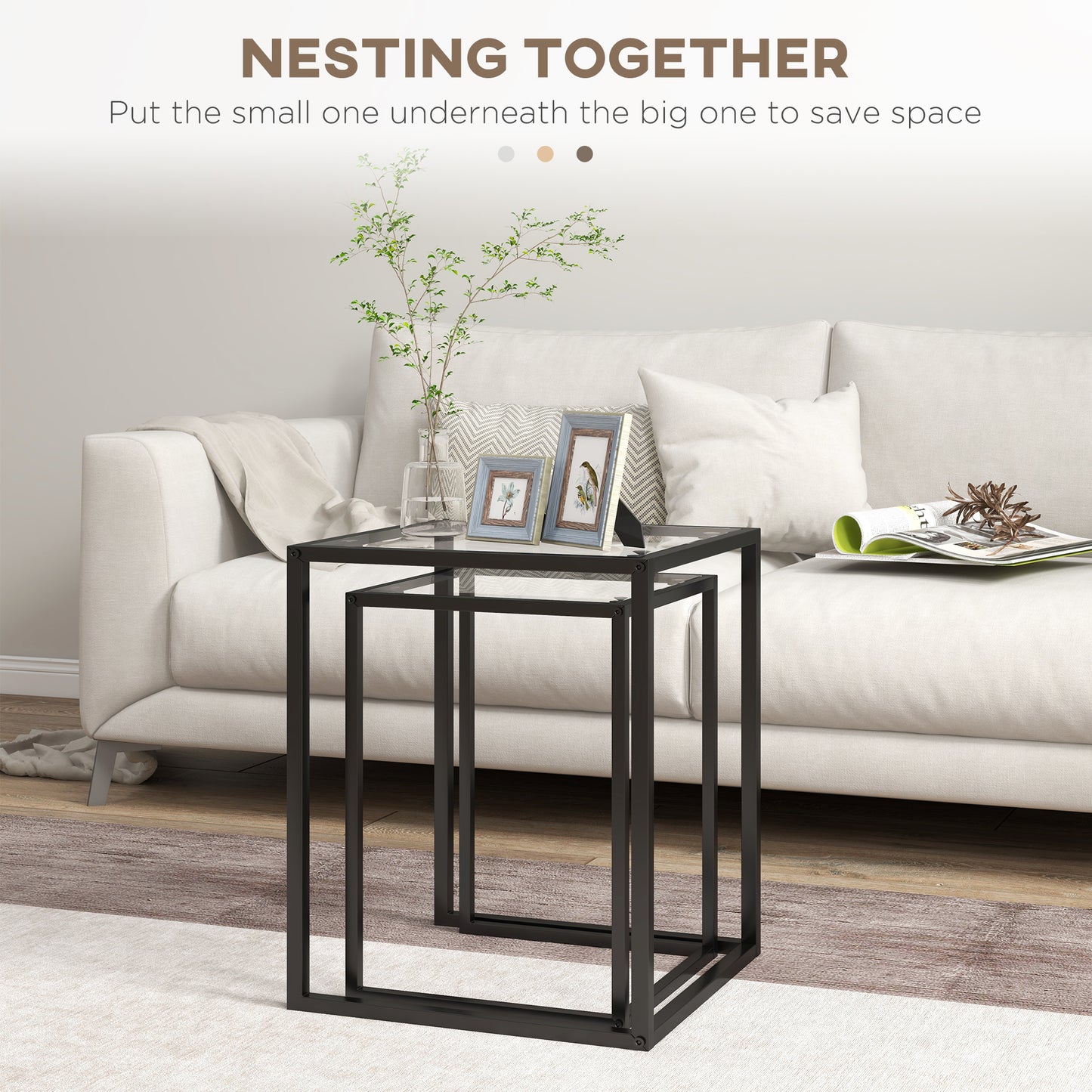 Riraro Metal Black Set Of 2 Nesting Side Tables With Glass Tops