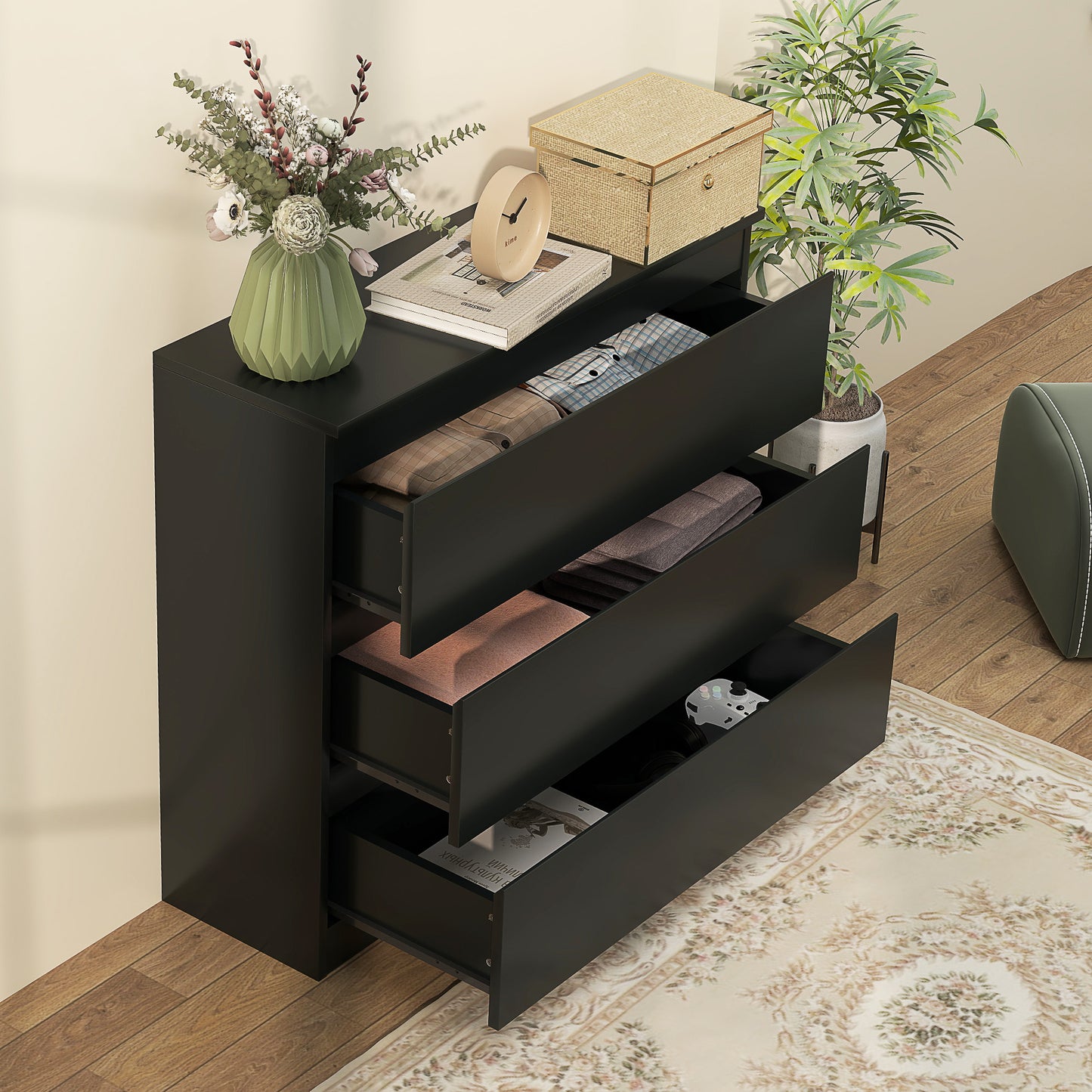 Rakami Wooden Black 3 Drawer Storage Chest