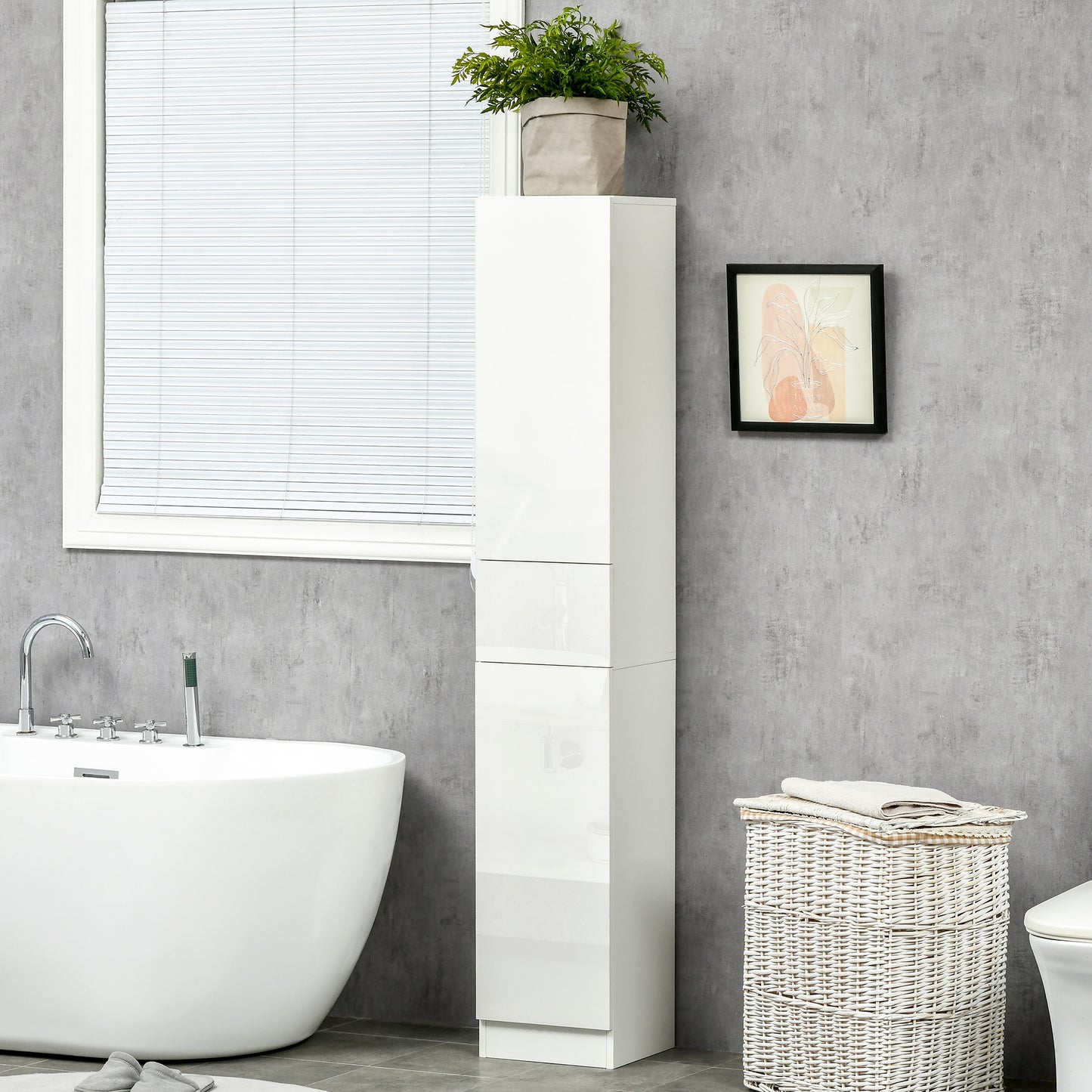 Elluno Maso High Gloss White Tall Bathroom Storage Cabinet With Push To OFauxn Door