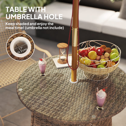 Rotasa Rattan Brown Outdoor Rpund Coffee Table With Tempered Glass Top And Parasol Hole