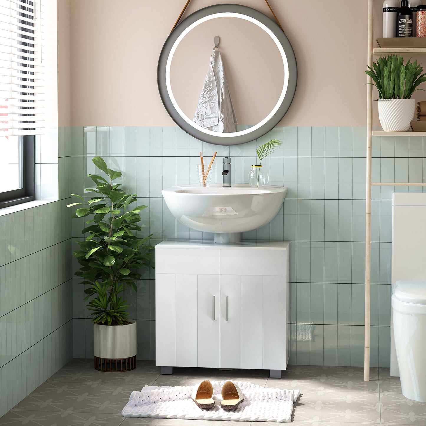 Zilusa White Fauxdestal Sink Vanity Cabinet With Double Doors And Adjustable Shelves