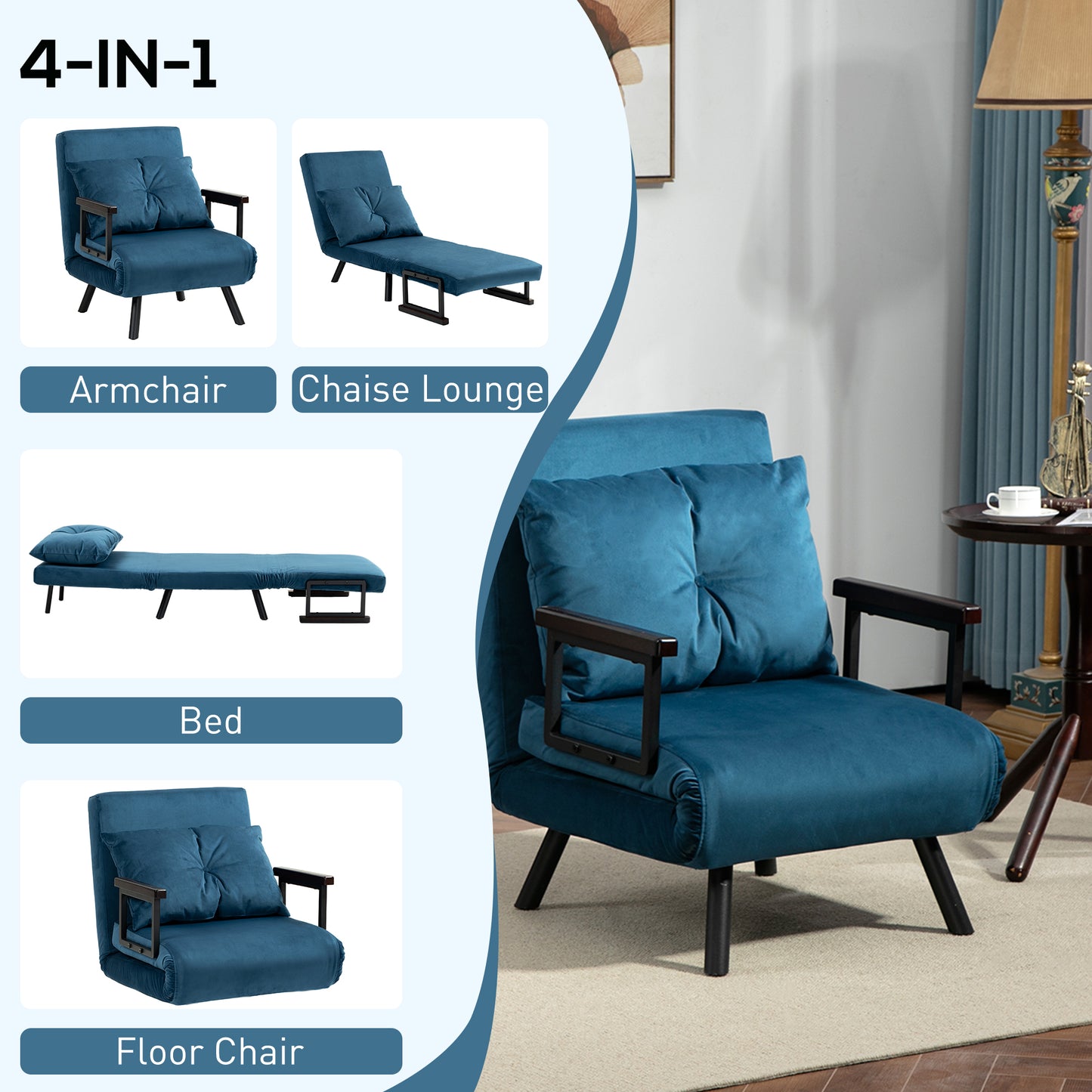 Mofa Nare Velvet Navy Blue 4 In One Convertible Single Chair Bed With Pillow