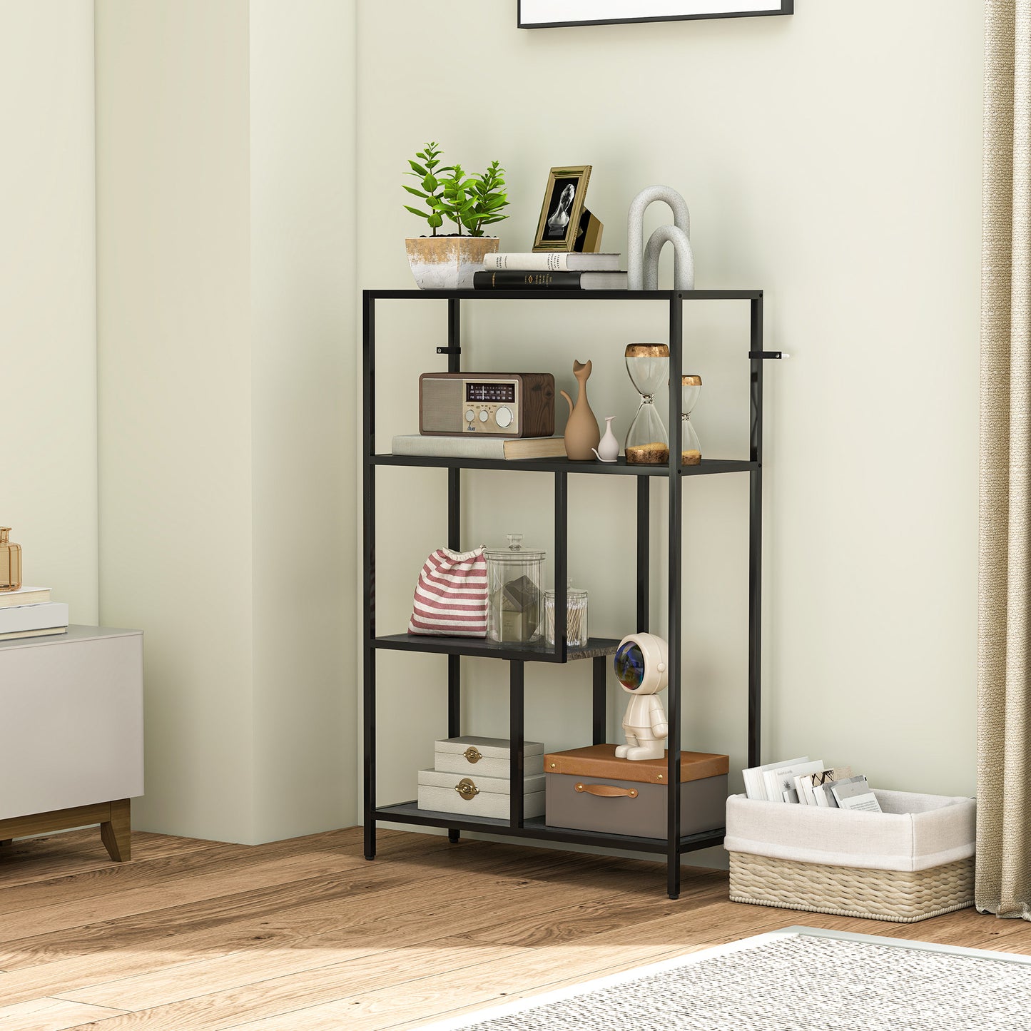 Risudo Wood Charcoal Grey 4 Tier Bookcase With OFauxn Shelving