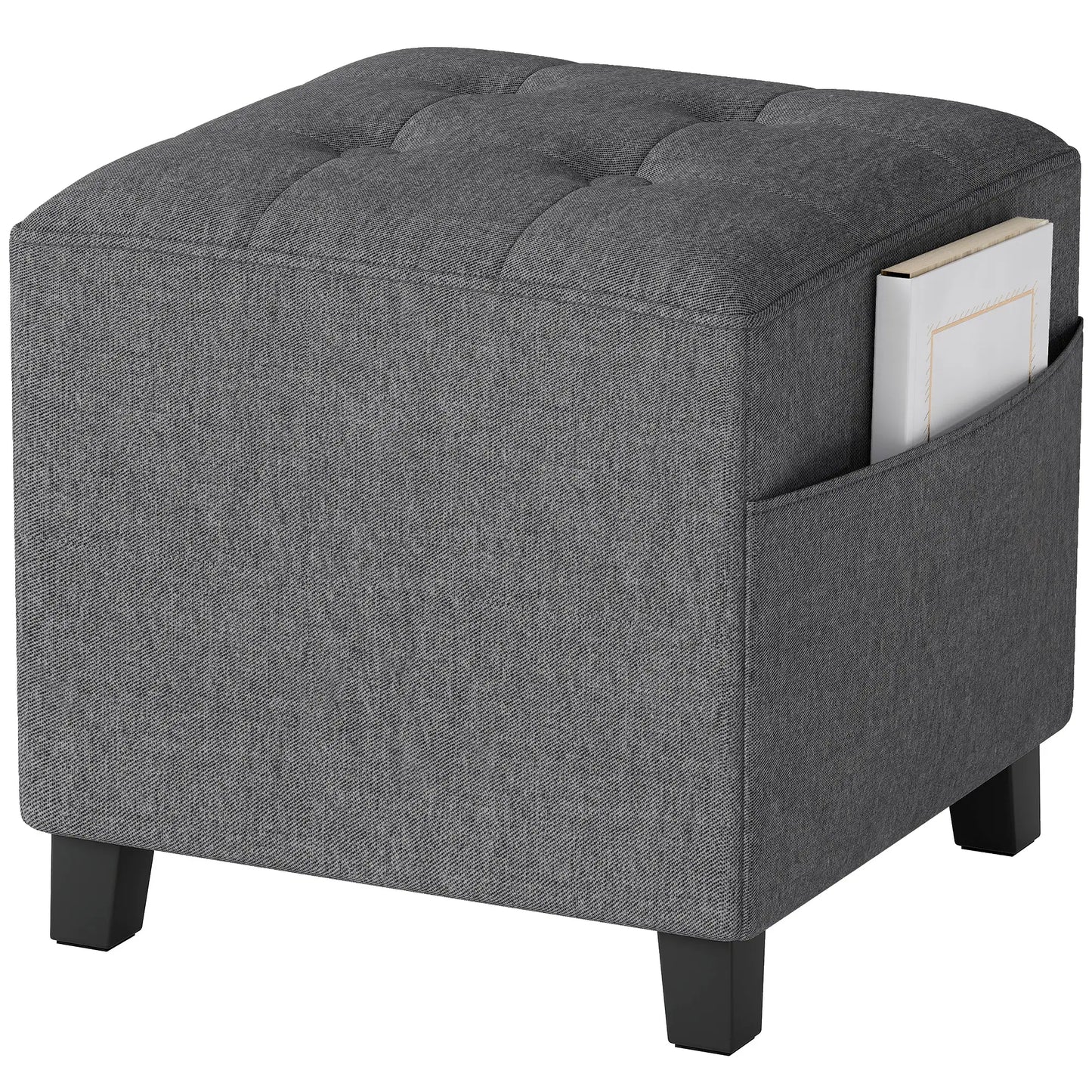 Linen Grey Compact Square Footstool With Side Pocket And Black Wooden Legs