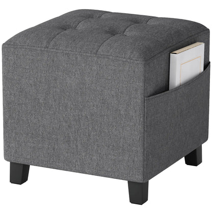 Linen Grey Compact Square Footstool With Side Pocket And Black Wooden Legs