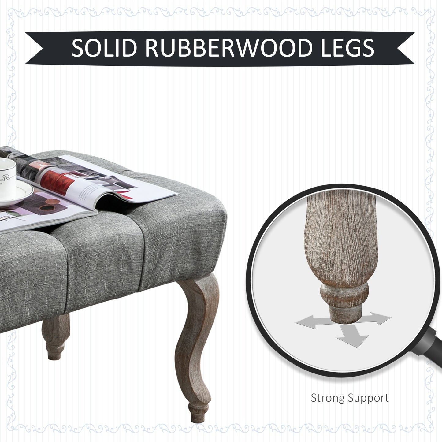Kene Grey Upholstered Tufted Accent Bench White Washed Wooden Legs