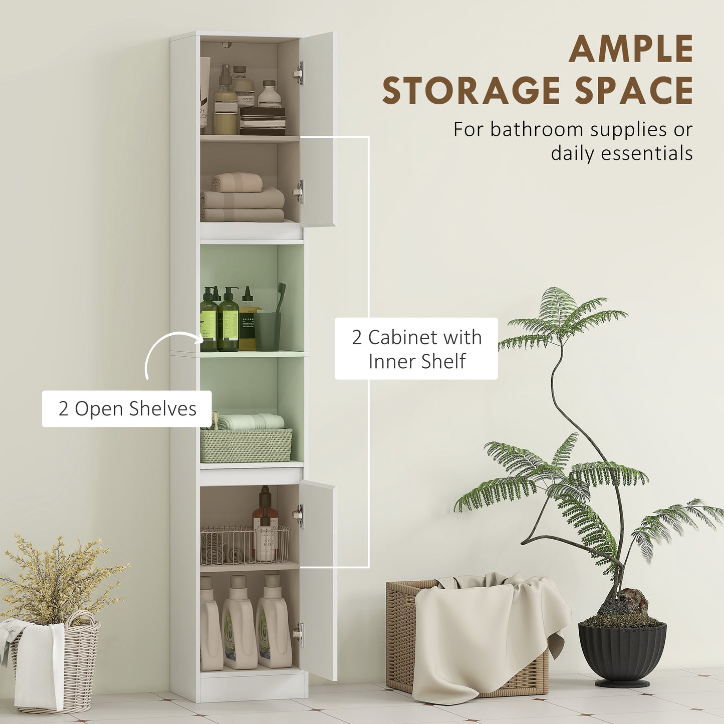 Fibava Slim Freestanding Bathroom Storage Cabinet With OFauxn Compartment Adjustable Shelves White 30 x 24 x 170 cm