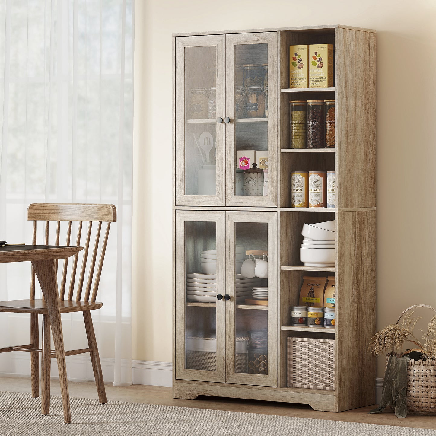 Mole Pantry Wooden Grey Wood Effect Kitchen Storage Cabinet With Glass Doors
