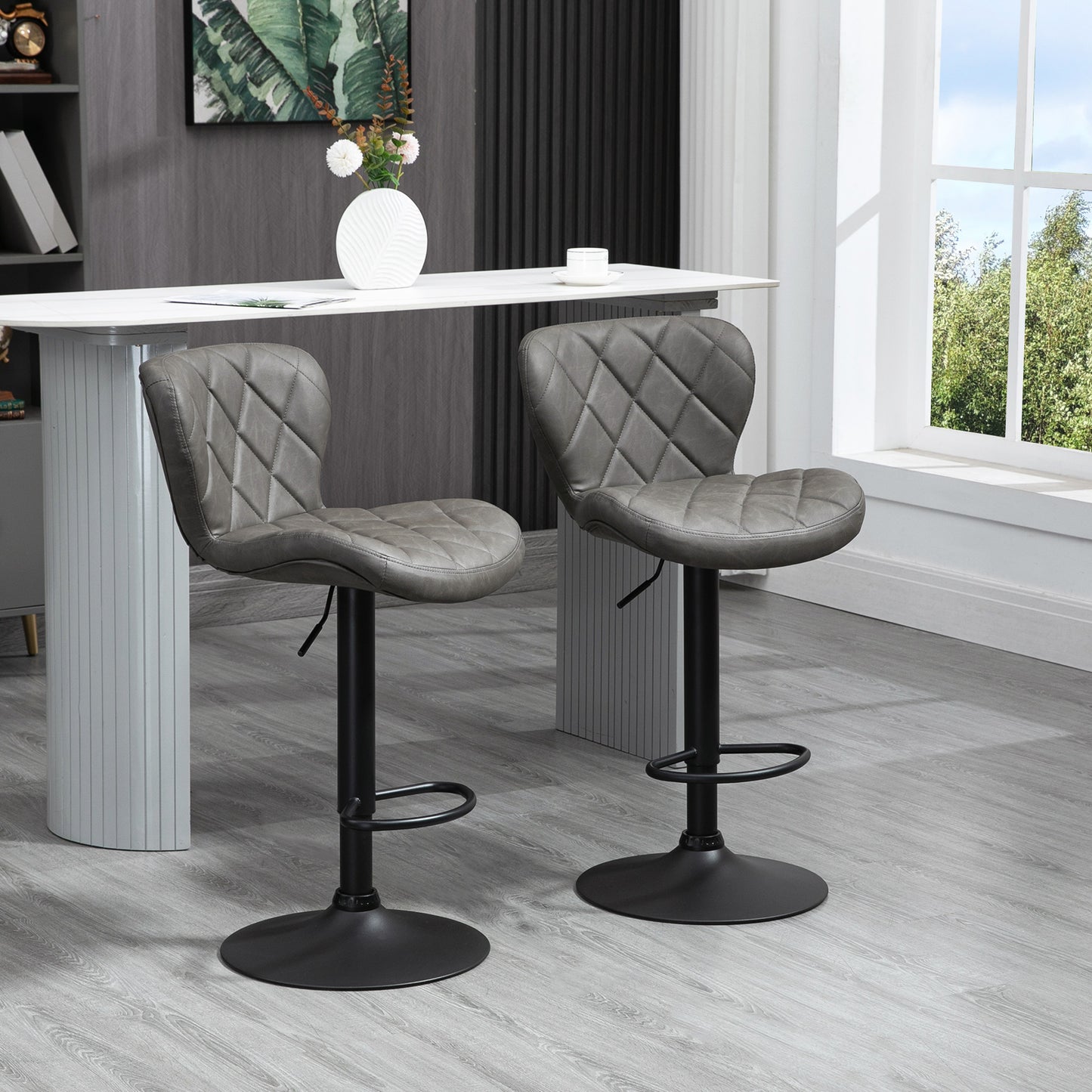Moliyo Set Of 2 Dark Grey Swivel Bar Stools With Diamond Pattern And Steel Frame