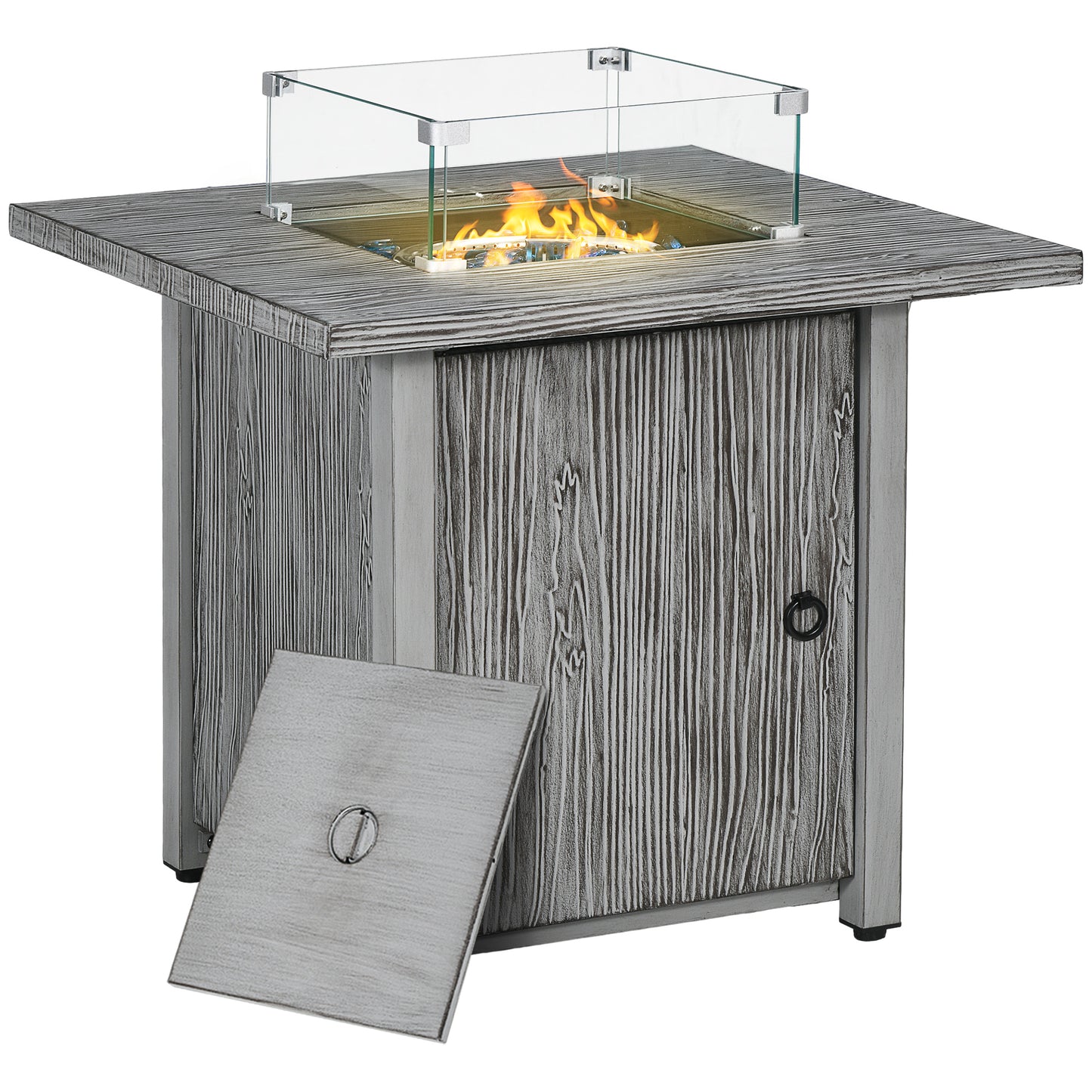 Vesoka Steel Grey Square Garden Outdoor Gas Fire Pit Table With Cover And Glass Screen