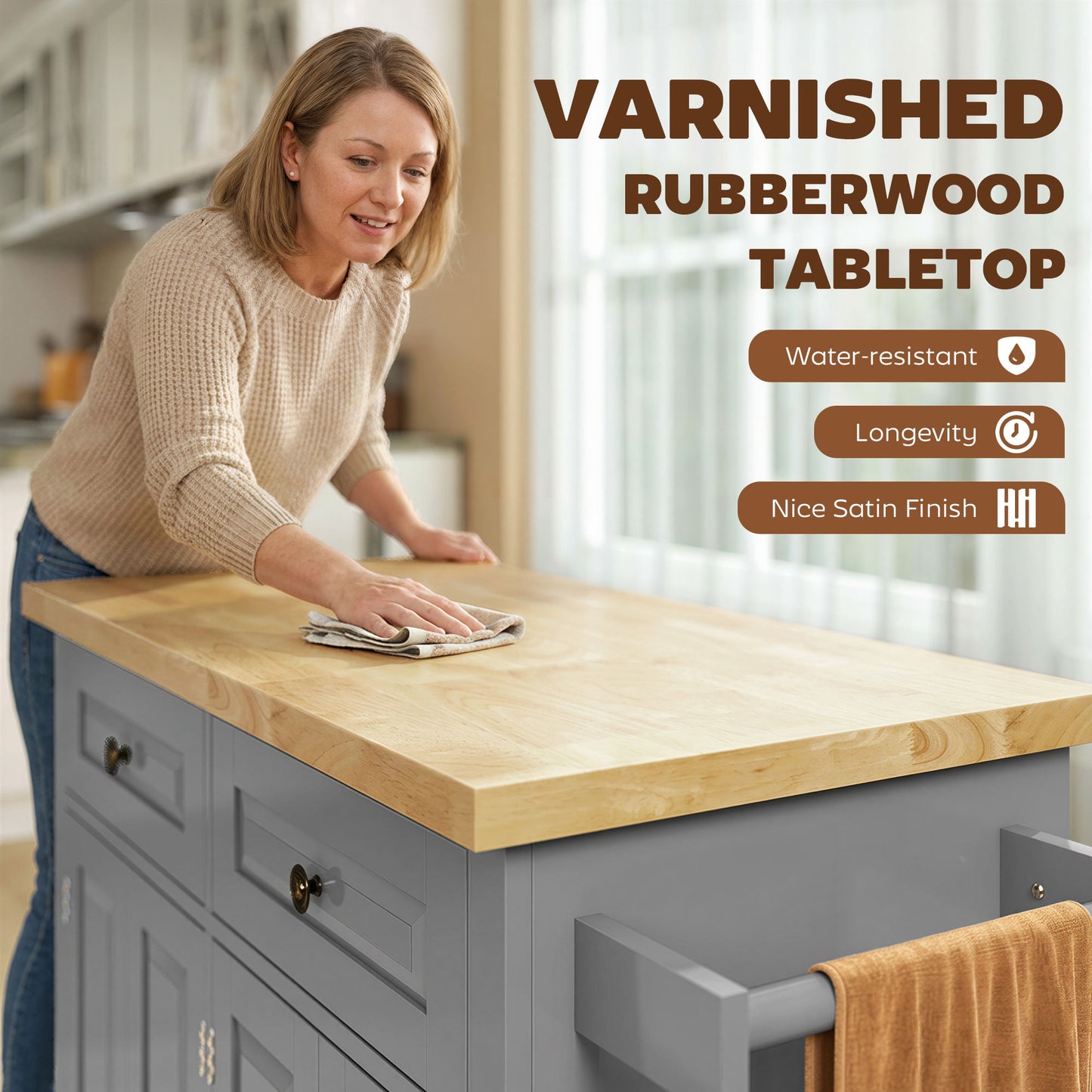 Lenevi Wooden Grey and Natural Rolling Kitchen Island With Drawers And Storage