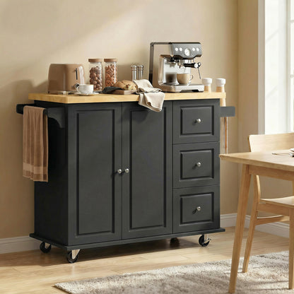 Rolelo Wooden Black Rolling Kitchen Island With Drop Leaf Drawer Towel And Spice Racks