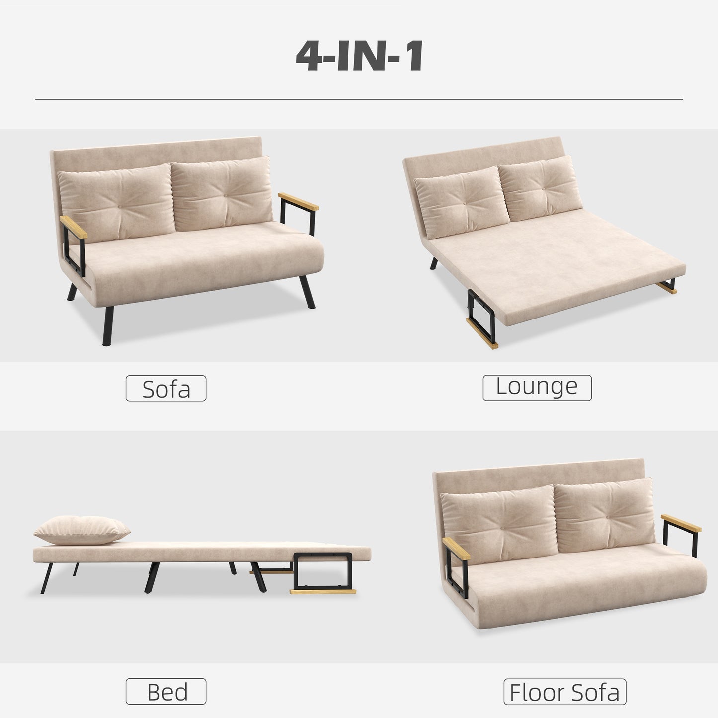 Vaziva Velvet Beige 4 In One Convertible Double Sofa Bed With Cushions