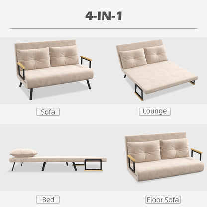 Vaziva Velvet Beige 4 In One Convertible Double Sofa Bed With Cushions