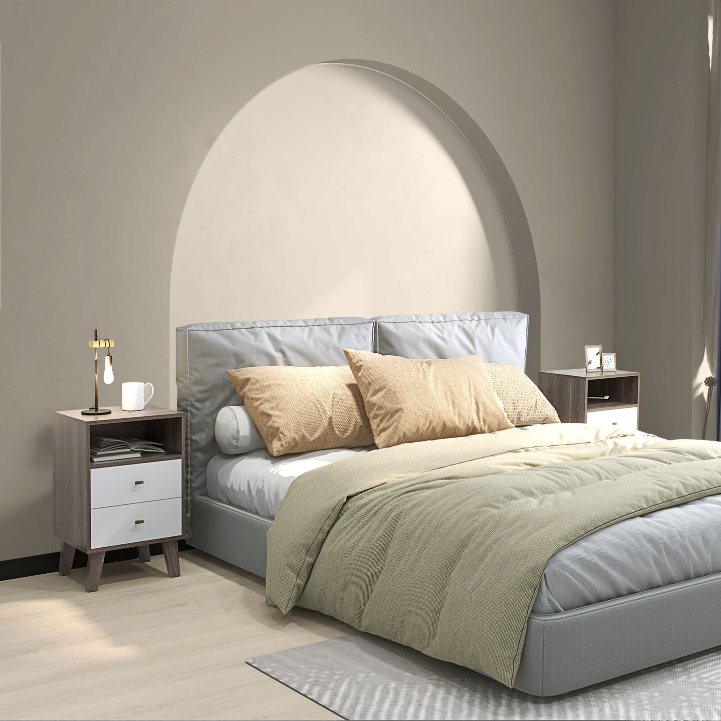 Cosana Grey and White Scandinavian Bedside Table With Drawers And Open Shelf