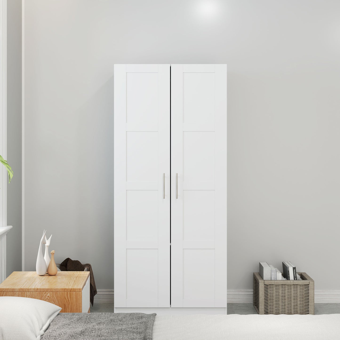 Coravello Wooden White 2 Door Wardrobe With Hanging Rail and Shelf