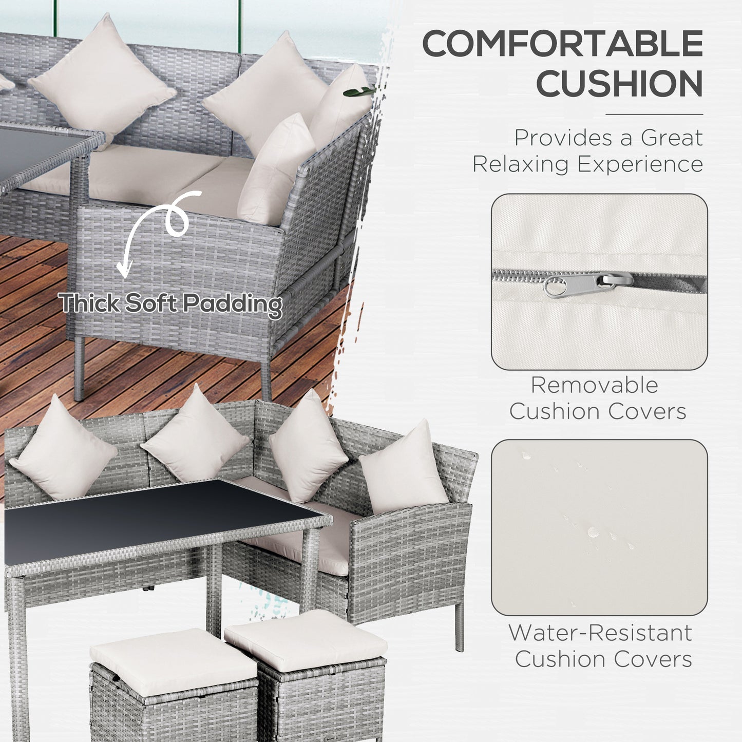 Mora Rattan 7 Seater Outdoor Dining Set with Sofa 2 Footstools and Rectangular Table